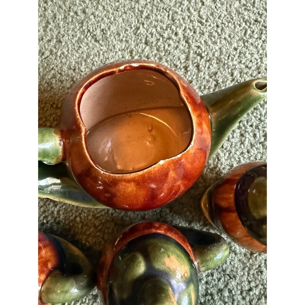 Vintage Mangosteen Ceramic Tea Set Teapot and 3 Lidded Cups Fruit Design Glazed